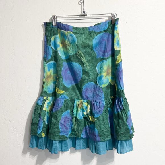 Piazza Sempione Skirt Sz 44 Large Blue Green Floral Ruffle Knee Y2K Cotton ZIp - Picture 4 of 8